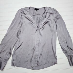 Paige | Women's Gray Silky V Neck Long Sleeve Blouse | Small